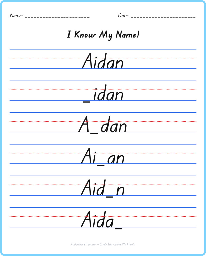 Free Aidan custom name tracing - fill-in-the-blank free worksheet