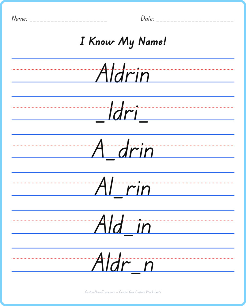Free Aldrin custom name tracing - fill-in-the-blank free worksheet