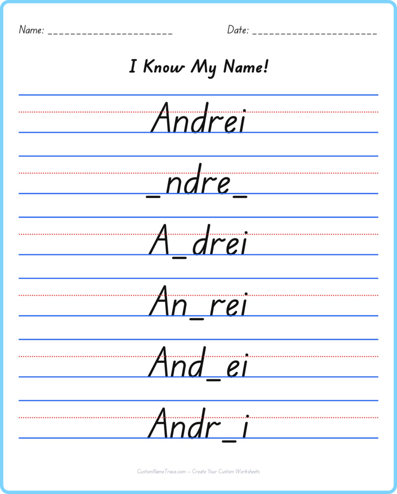 Free Andrei custom name tracing - fill-in-the-blank free worksheet