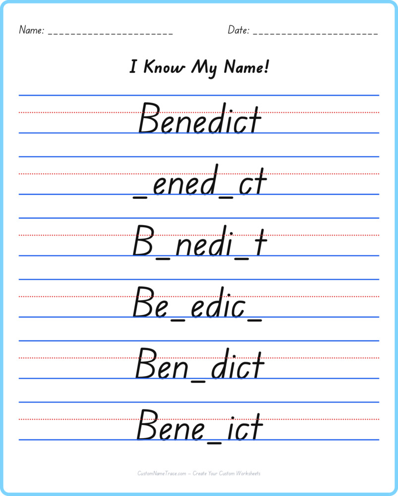 Free Benedict custom name tracing - fill-in-the-blank free worksheet