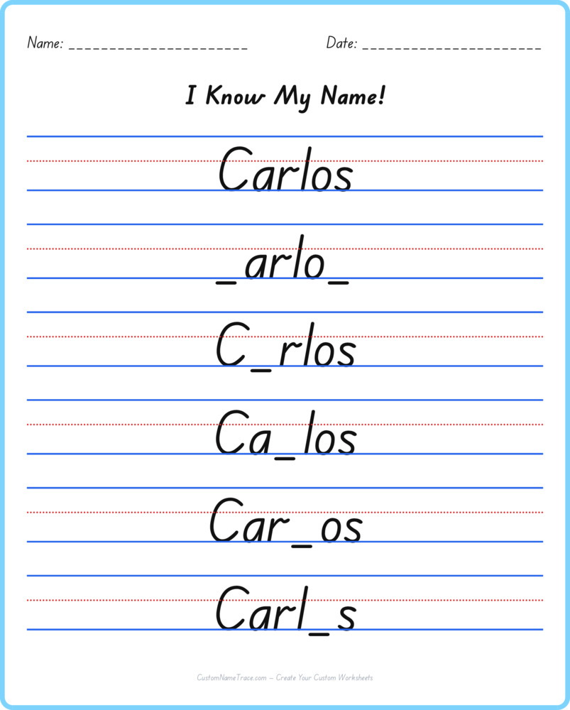 Free Carlos custom name tracing - fill-in-the-blank free worksheet
