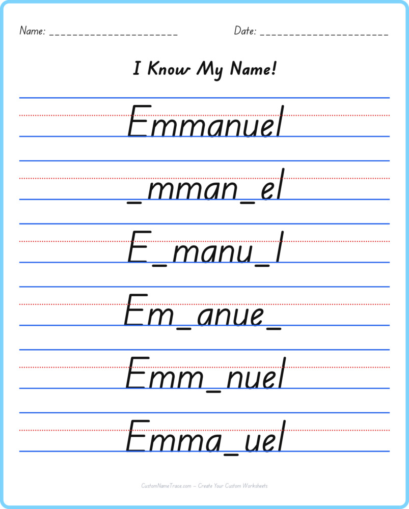 Free Emmanuel custom name tracing - fill-in-the-blank free worksheet