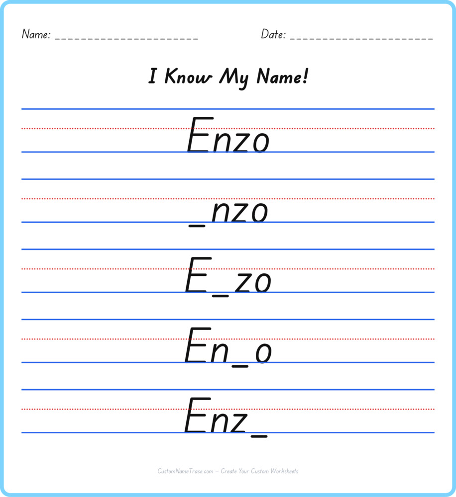 Free Enzo custom name tracing - fill-in-the-blank free worksheet