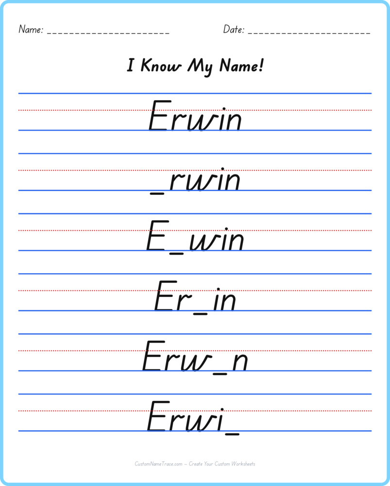 Free Erwin custom name tracing - fill-in-the-blank free worksheet
