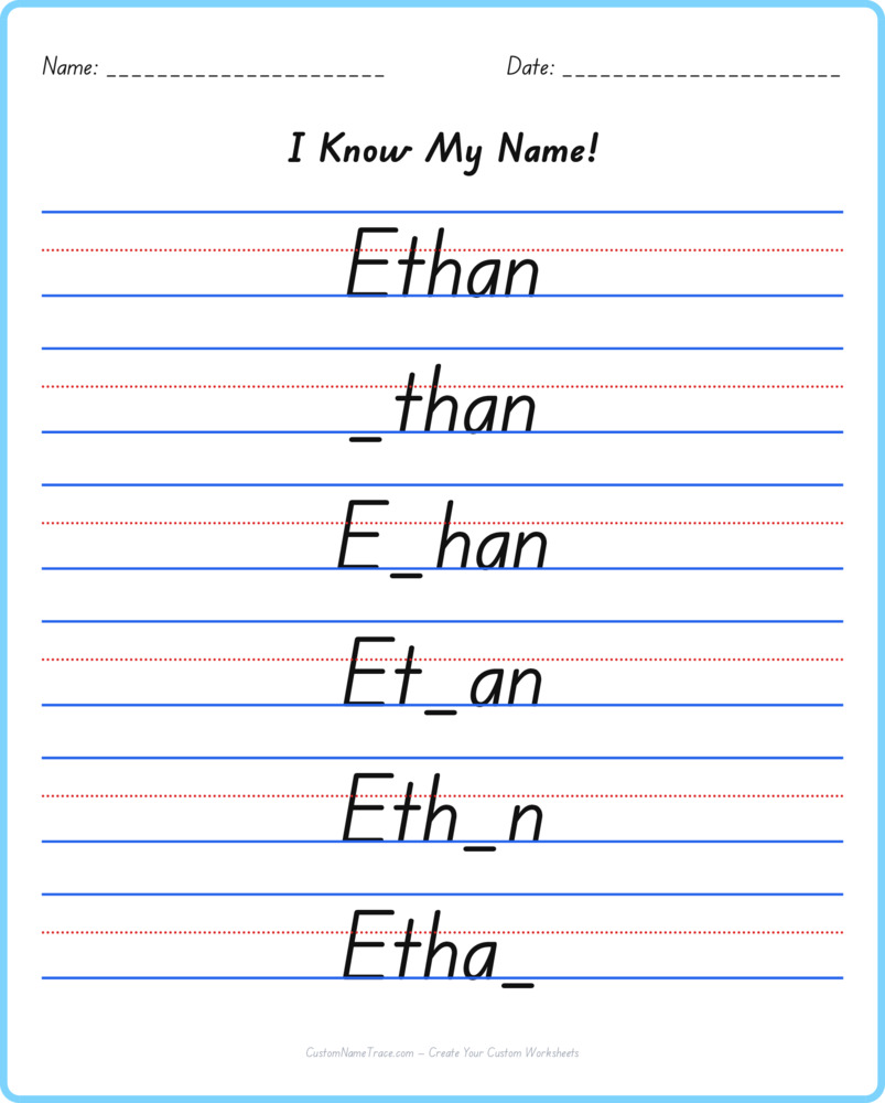 Free Ethan custom name tracing - fill-in-the-blank free worksheet