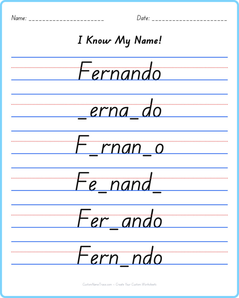 Free Fernando custom name tracing - fill-in-the-blank free worksheet