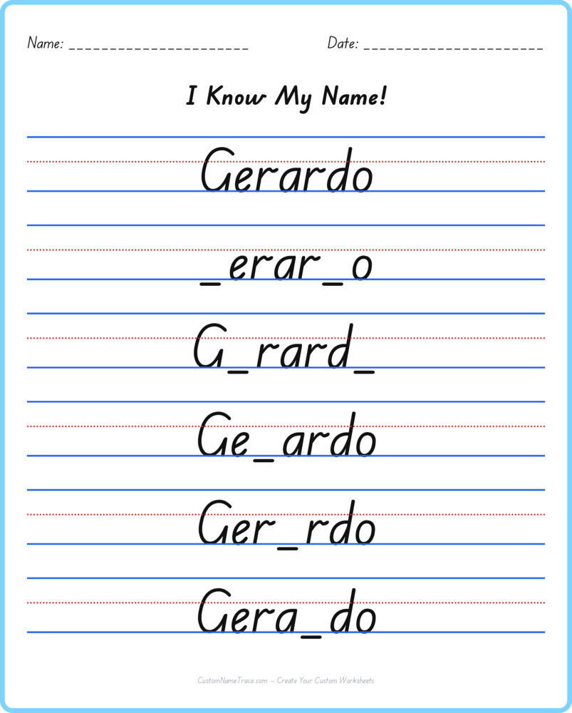 Free Gerardo custom name tracing - fill-in-the-blank free worksheet