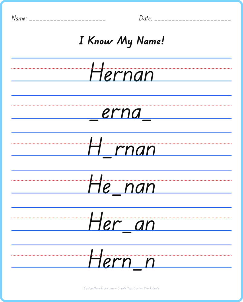Free Hernan custom name tracing - fill-in-the-blank free worksheet