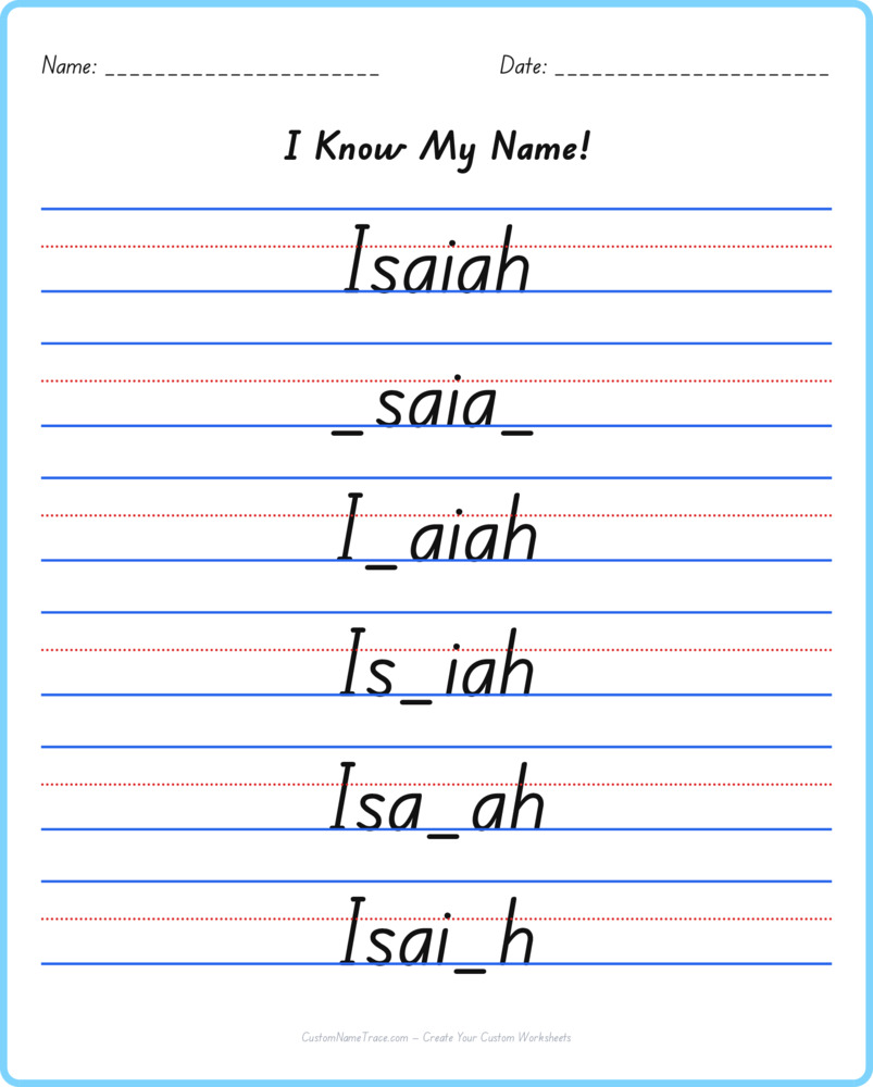 Free Isaiah custom name tracing - fill-in-the-blank free worksheet