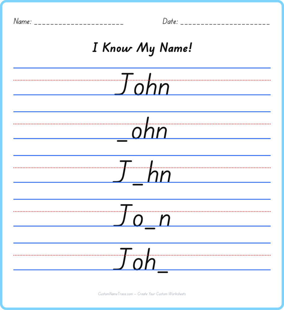 Free John custom name tracing - fill-in-the-blank free worksheet