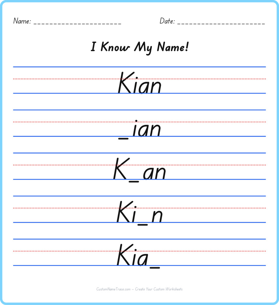 Free Kian custom name tracing - fill-in-the-blank free worksheet