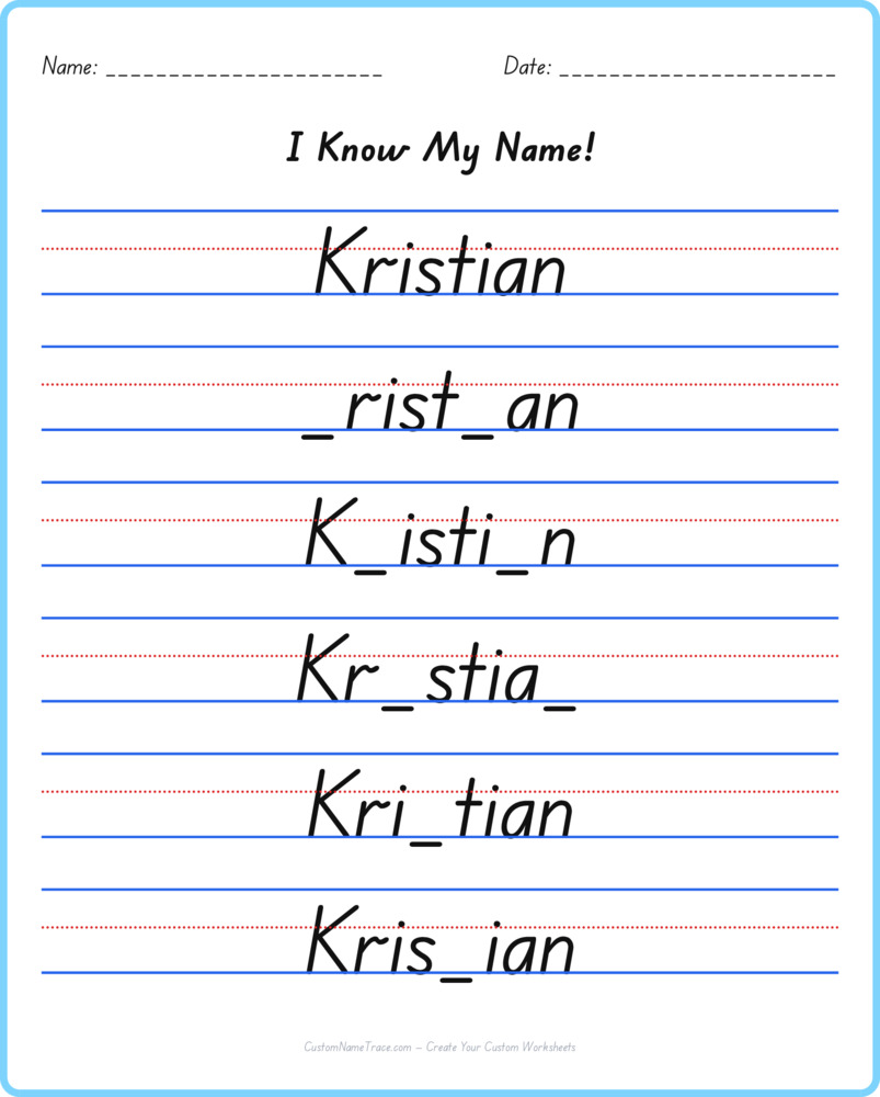 Free Kristian custom name tracing - fill-in-the-blank free worksheet