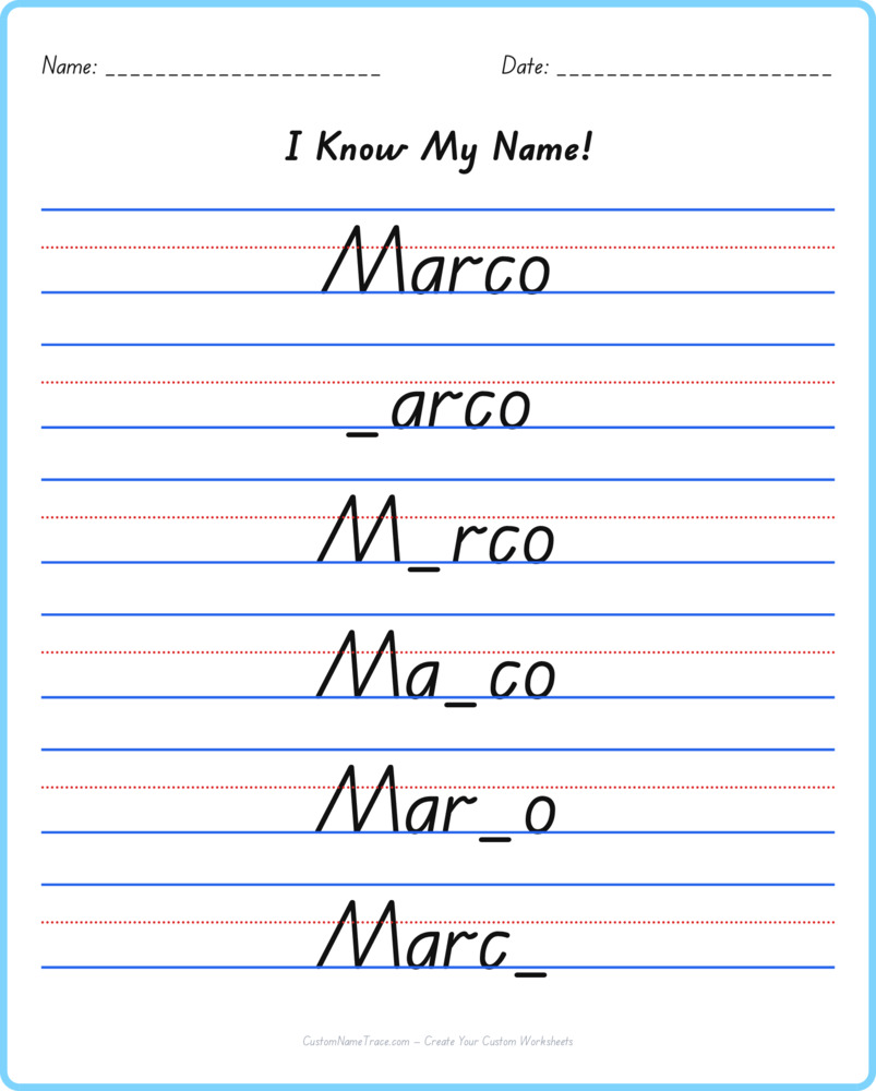 Free Marco custom name tracing - fill-in-the-blank free worksheet