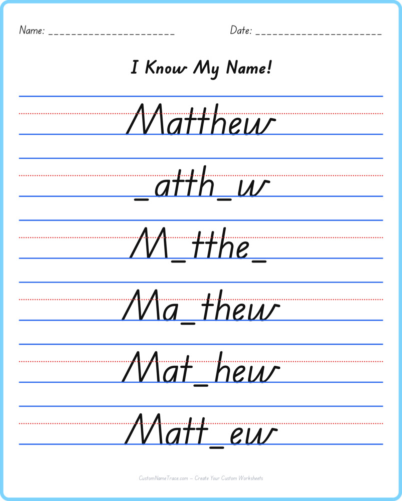 Free Matthew custom name tracing - fill-in-the-blank free worksheet