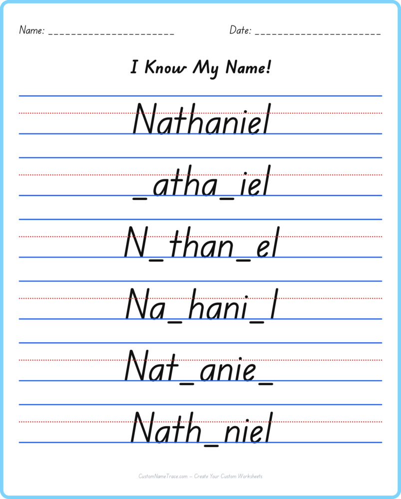 Free Nathaniel custom name tracing - fill-in-the-blank free worksheet