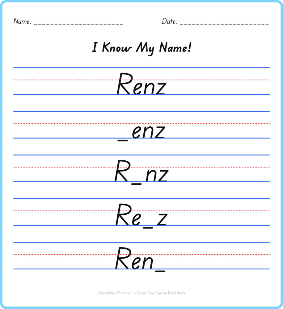 Free Renz custom name tracing - fill-in-the-blank free worksheet
