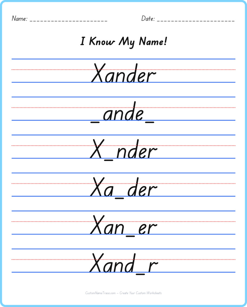 Free Xander custom name tracing - fill-in-the-blank free worksheet
