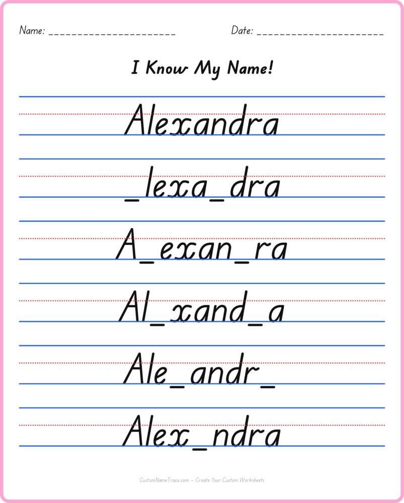 Free Alexandra custom name tracing - fill-in-the-blank free worksheet