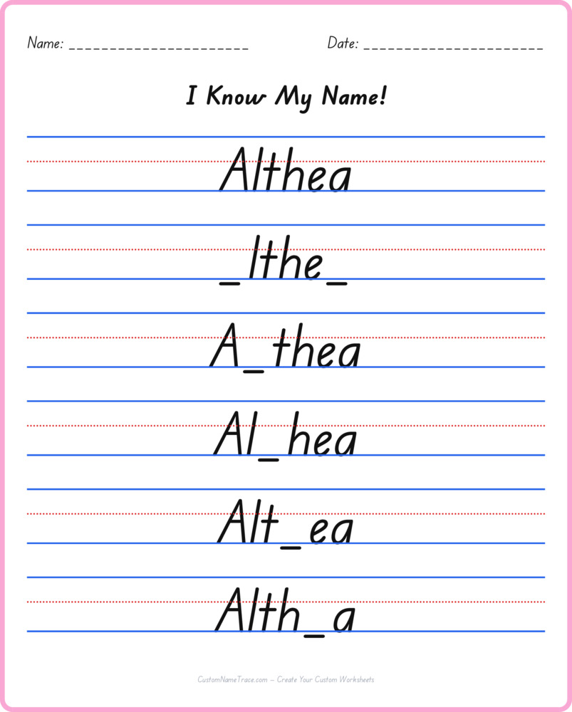 Free Althea custom name tracing - fill-in-the-blank free worksheet
