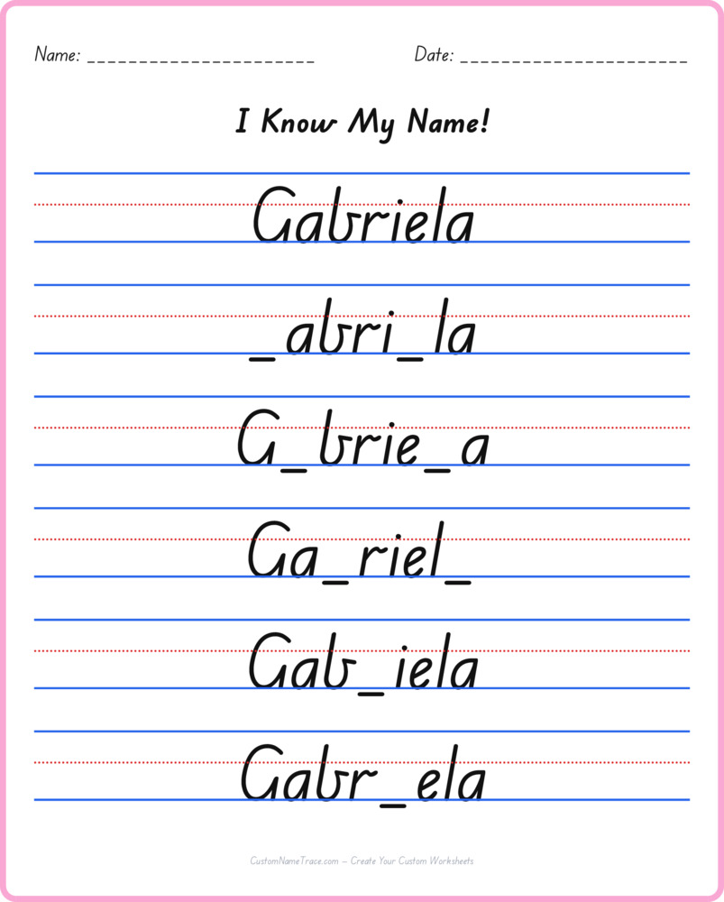 Free Gabriela custom name tracing - fill-in-the-blank free worksheet