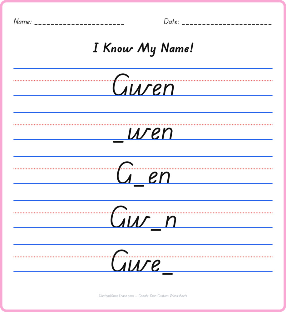 Free Gwen custom name tracing - fill-in-the-blank free worksheet