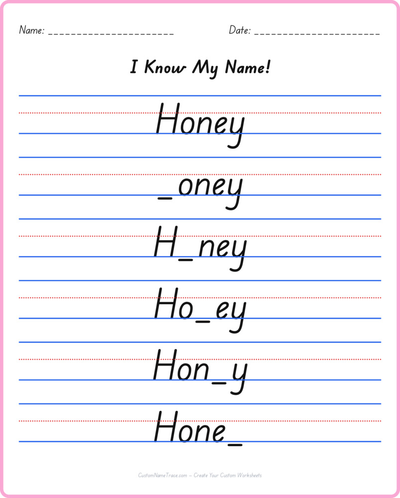 Free Honey custom name tracing - fill-in-the-blank free worksheet