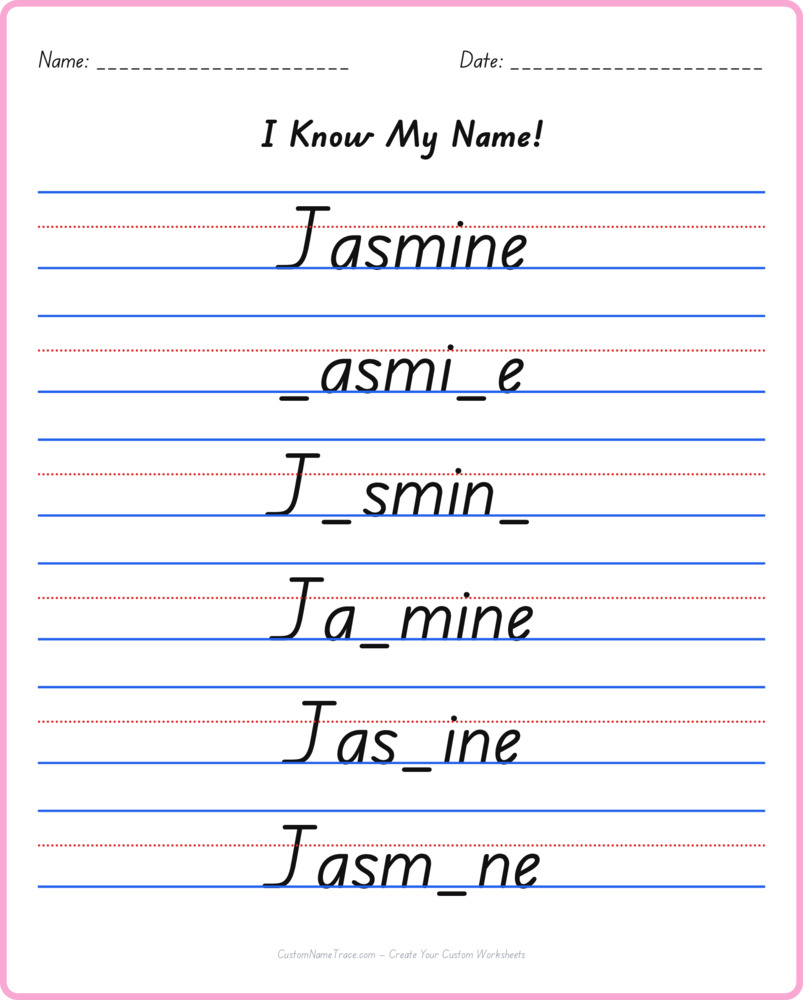 Free Jasmine custom name tracing - fill-in-the-blank free worksheet