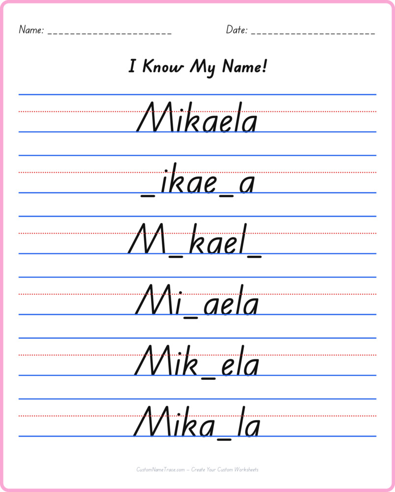 Free Mikaela custom name tracing - fill-in-the-blank free worksheet