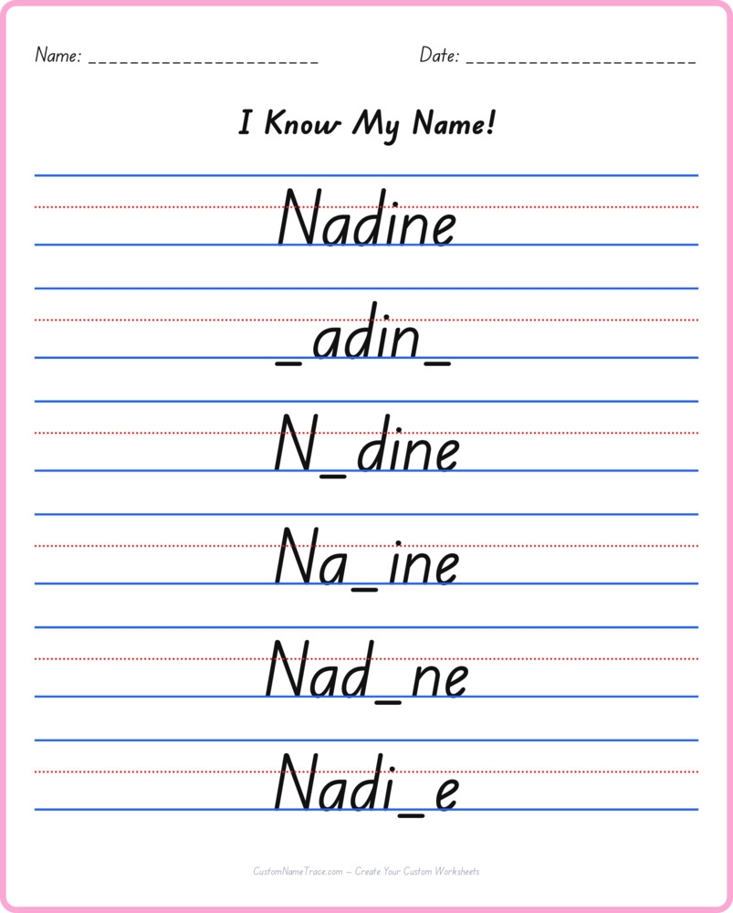 Free Nadine custom name tracing - fill-in-the-blank free worksheet