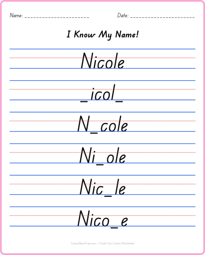 Free Nicole custom name tracing - fill-in-the-blank free worksheet