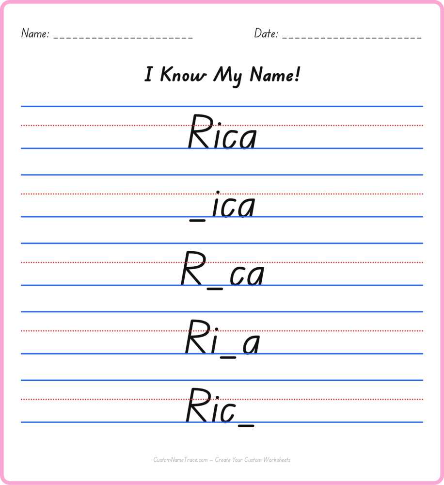 Free Rica custom name tracing - fill-in-the-blank free worksheet
