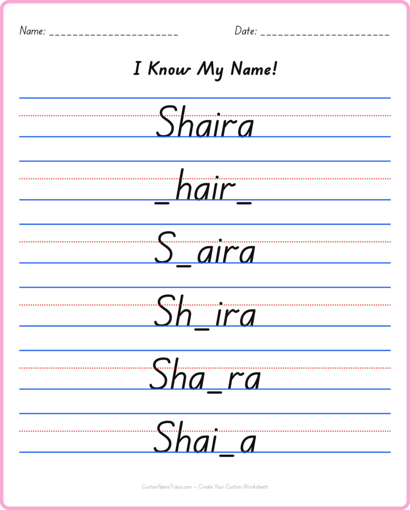 Free Shaira custom name tracing - fill-in-the-blank free worksheet