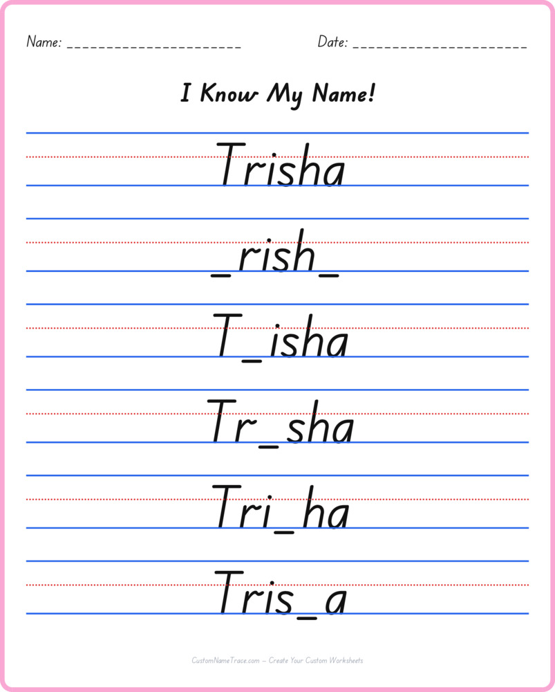 Free Trisha custom name tracing - fill-in-the-blank free worksheet
