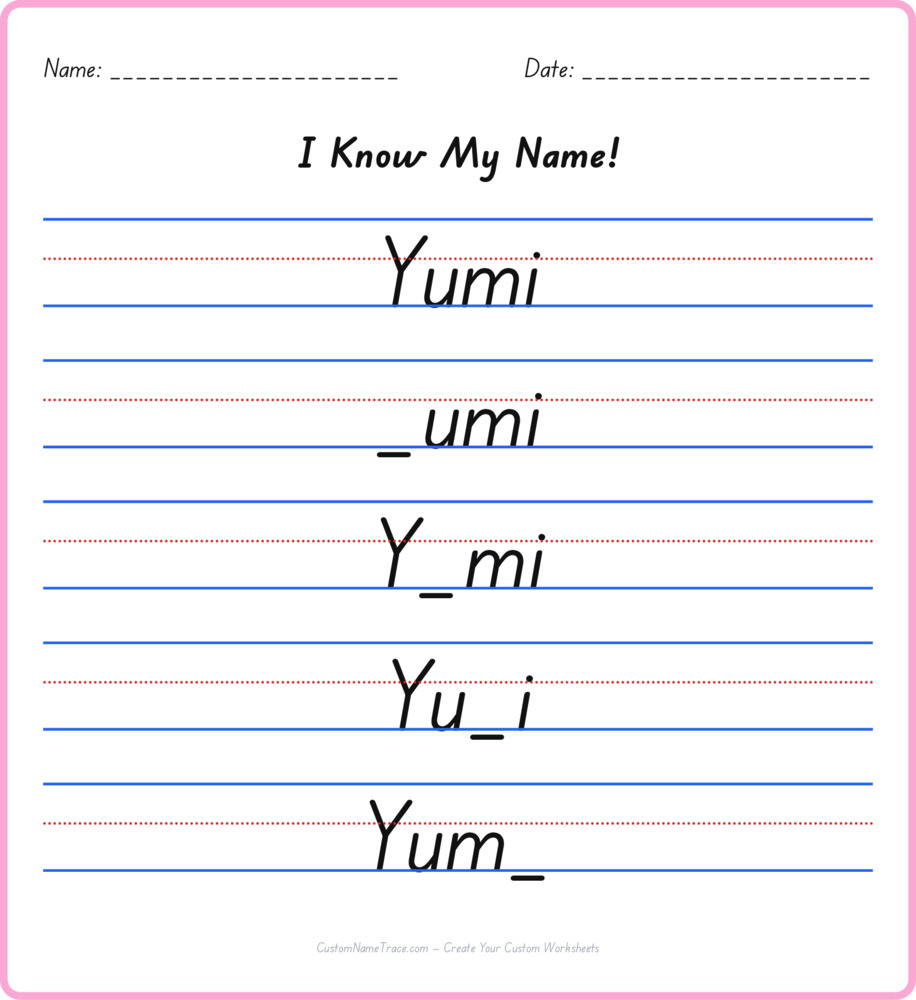 Free Yumi custom name tracing - fill-in-the-blank free worksheet