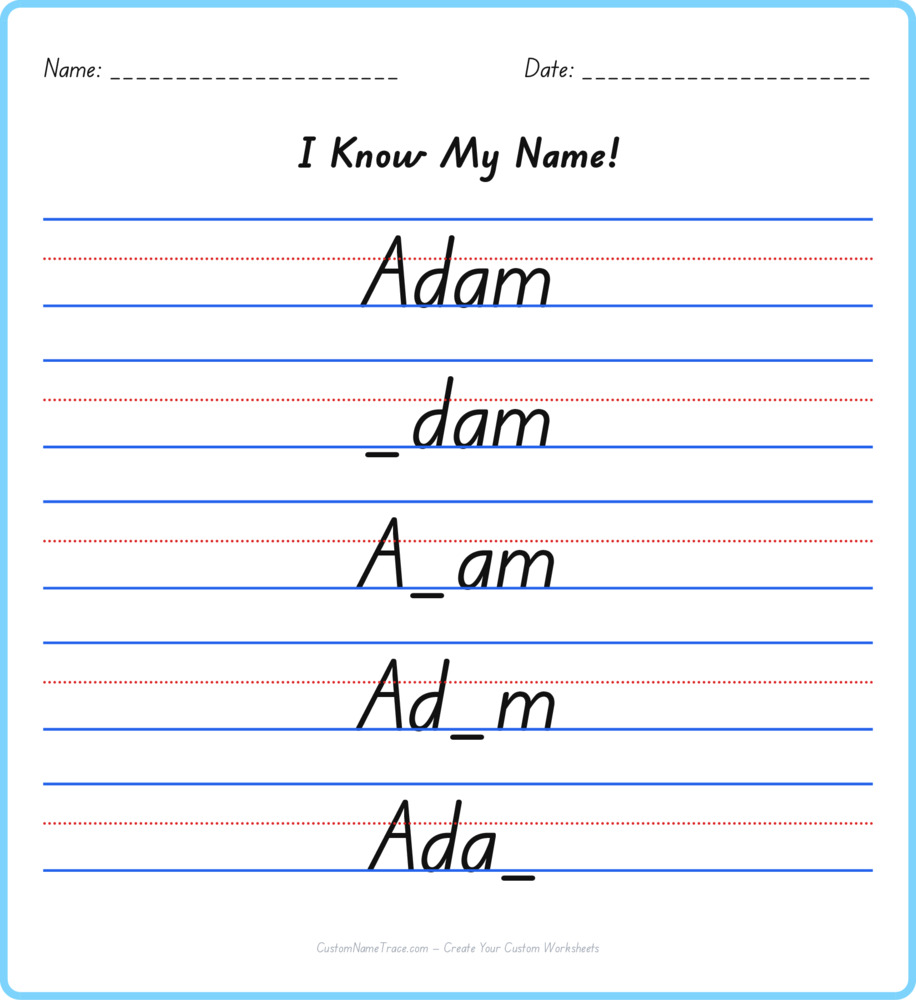 Free Adam custom name tracing - fill-in-the-blank free worksheet