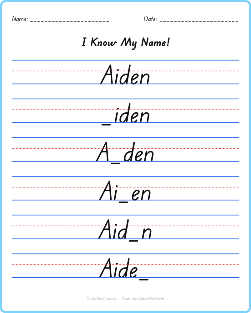 Free Aiden custom name tracing - fill-in-the-blank free worksheet