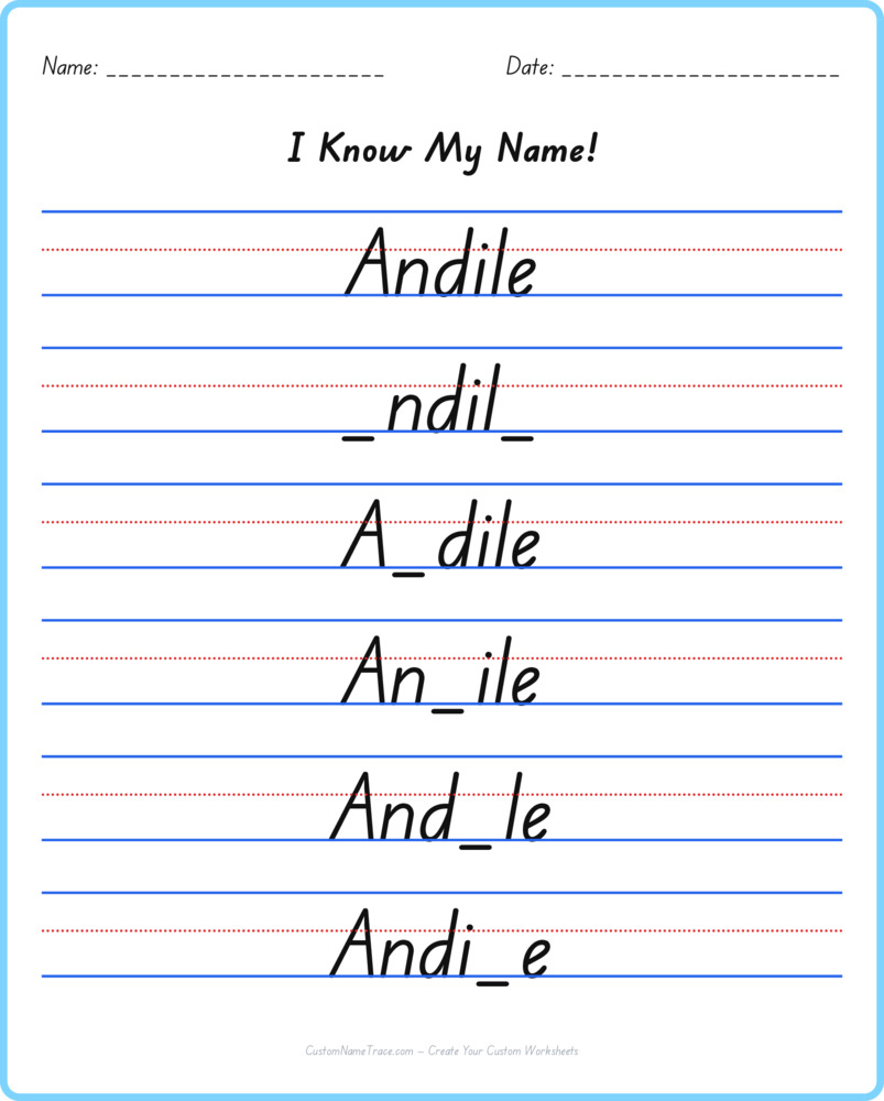 Free Andile custom name tracing - fill-in-the-blank free worksheet