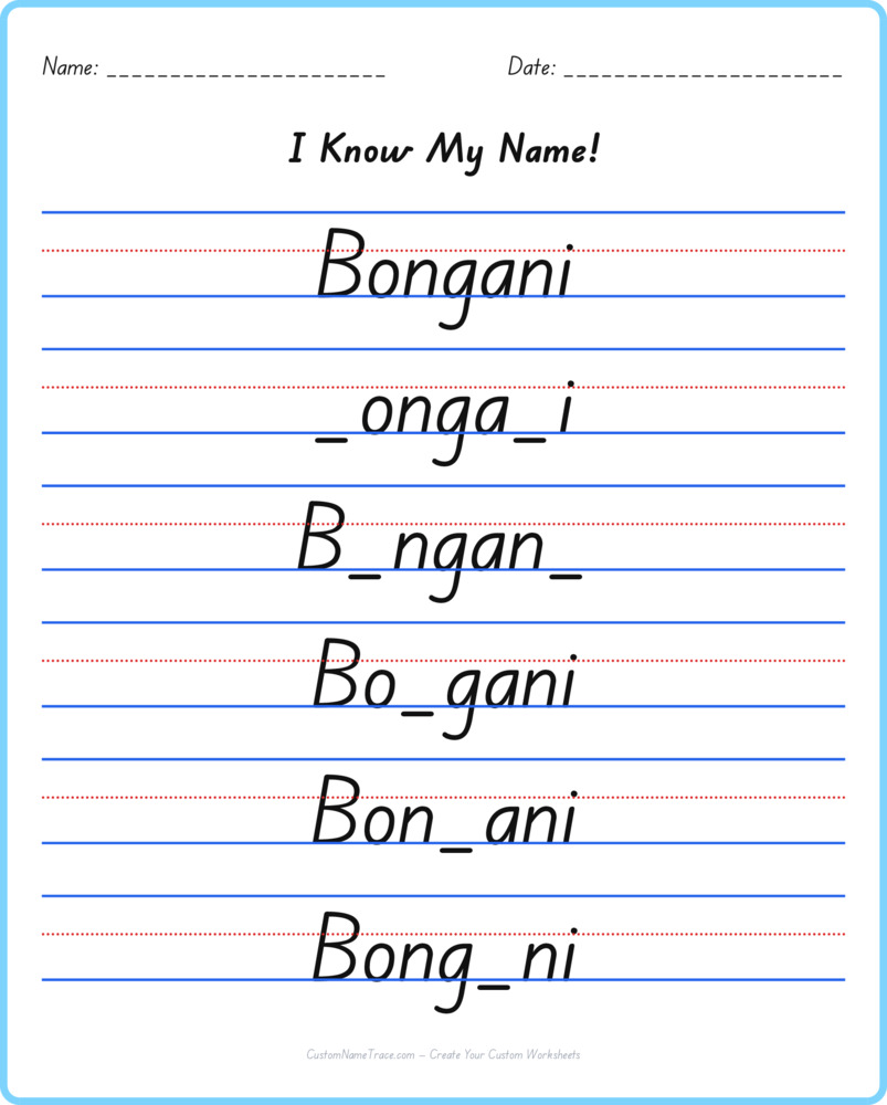 Free Bongani custom name tracing - fill-in-the-blank free worksheet