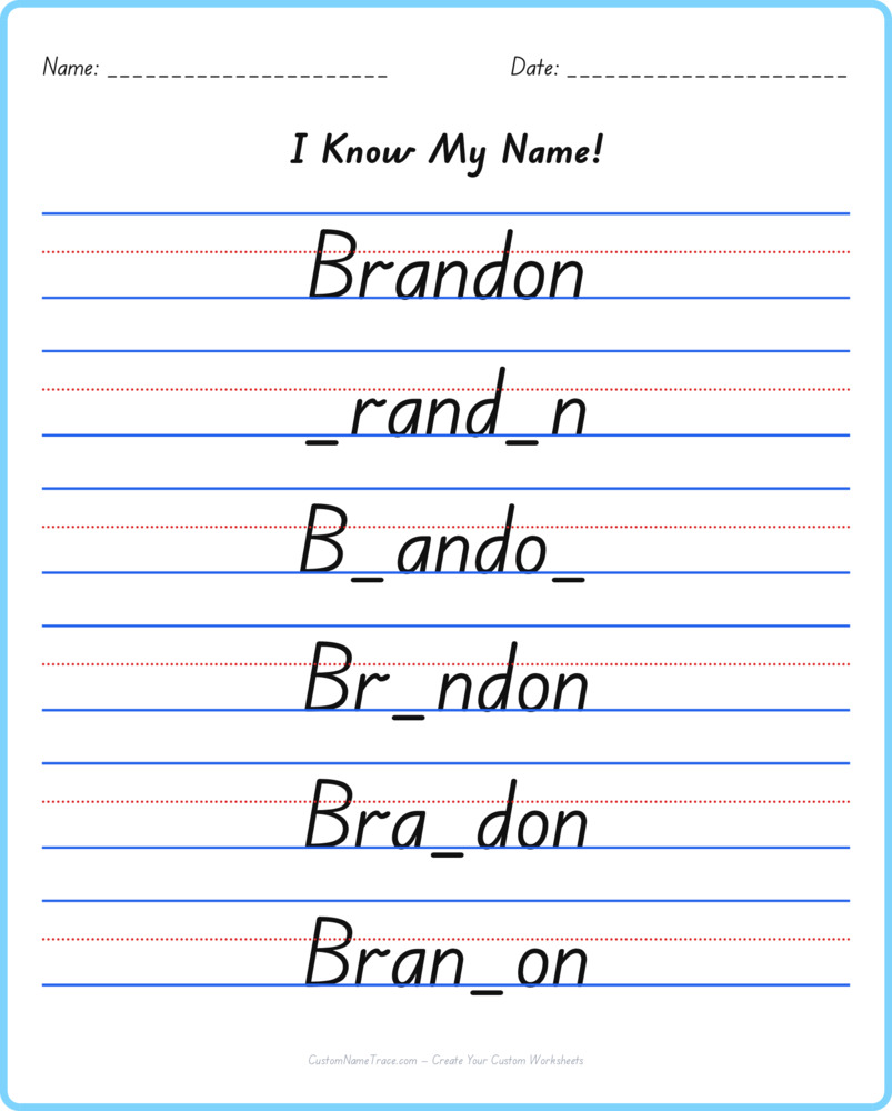 Free Brandon custom name tracing - fill-in-the-blank free worksheet