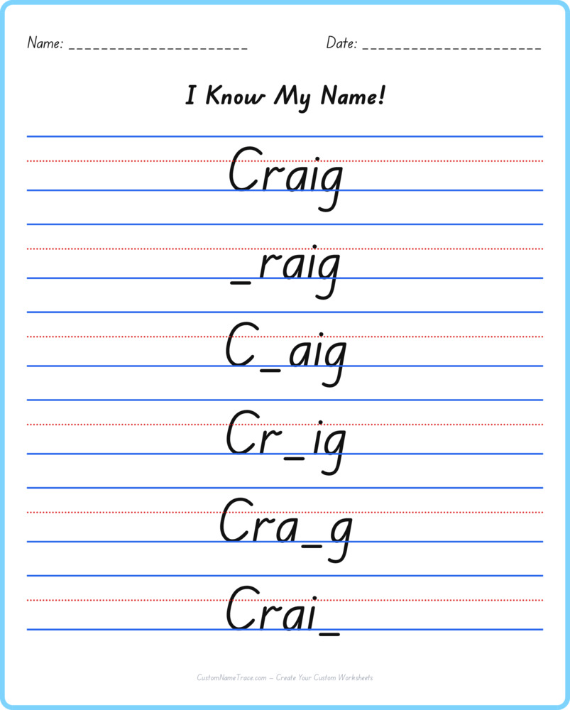 Free Craig custom name tracing - fill-in-the-blank free worksheet