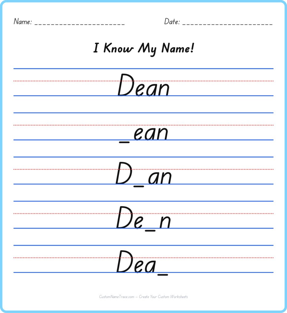 Free Dean custom name tracing - fill-in-the-blank free worksheet