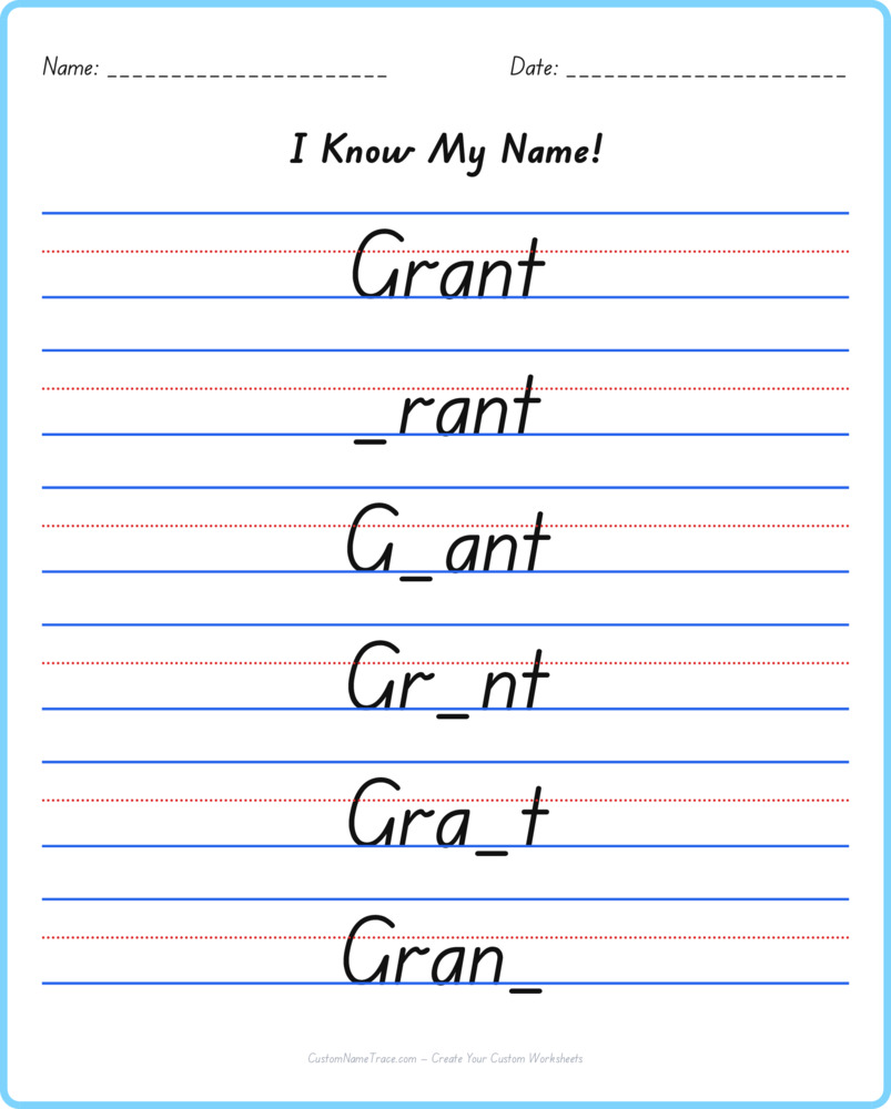 Free Grant custom name tracing - fill-in-the-blank free worksheet