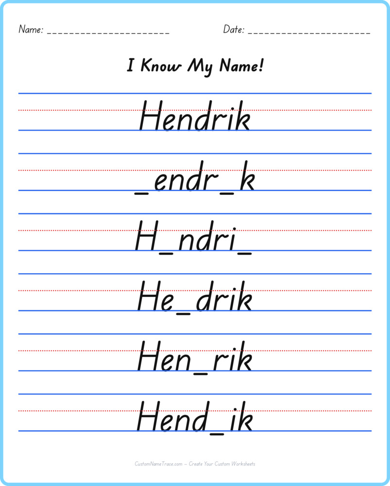 Free Hendrik custom name tracing - fill-in-the-blank free worksheet