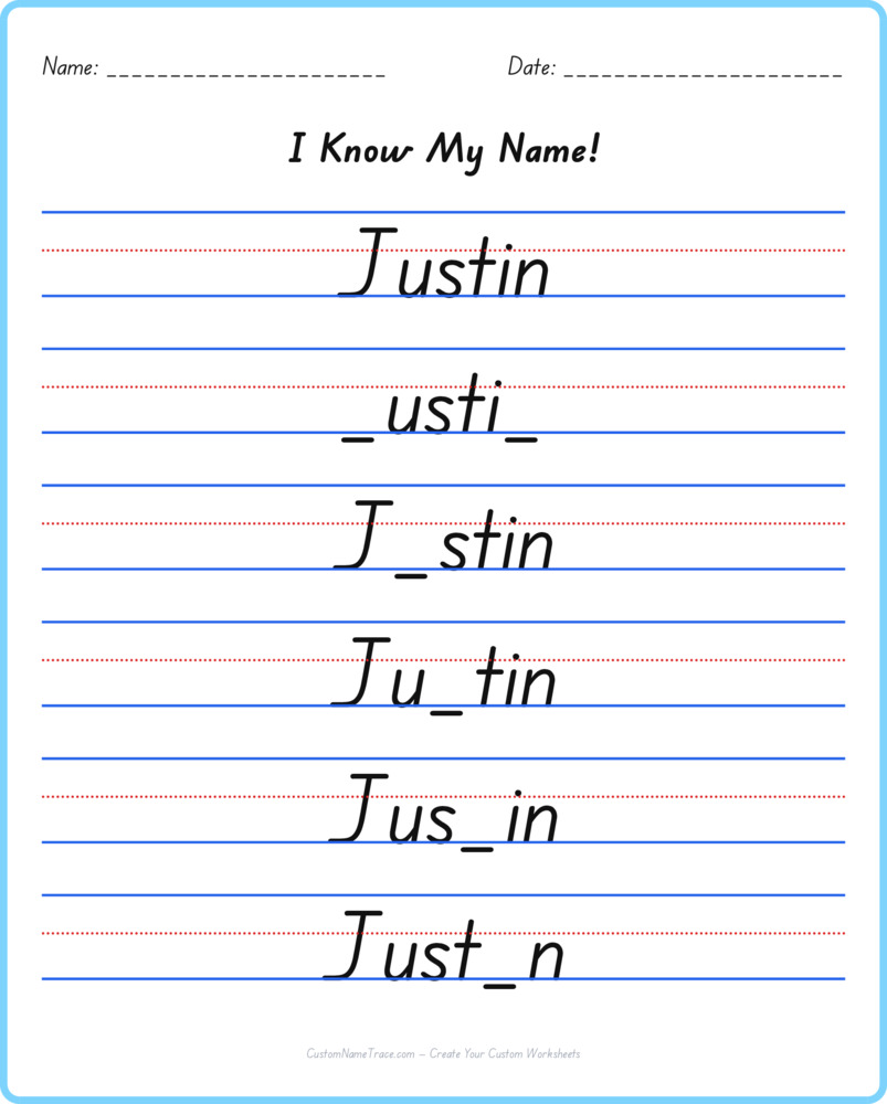 Free Justin custom name tracing - fill-in-the-blank free worksheet