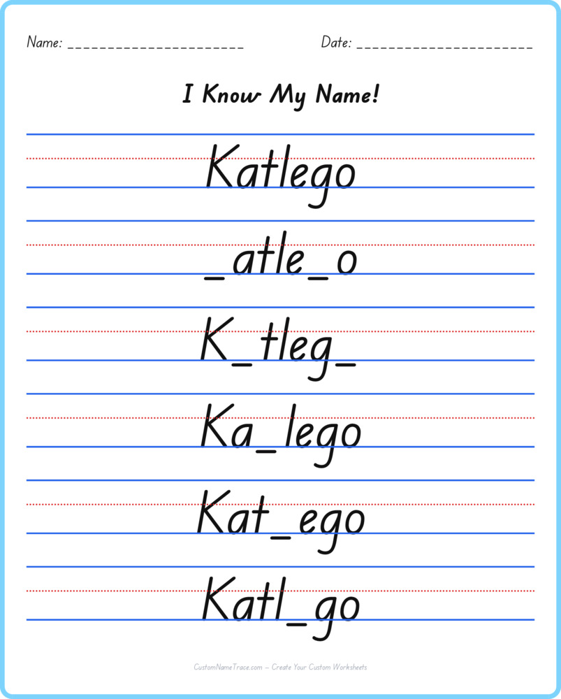 Free Katlego custom name tracing - fill-in-the-blank free worksheet
