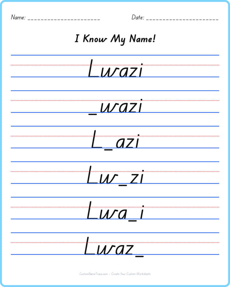 Free Lwazi custom name tracing - fill-in-the-blank free worksheet