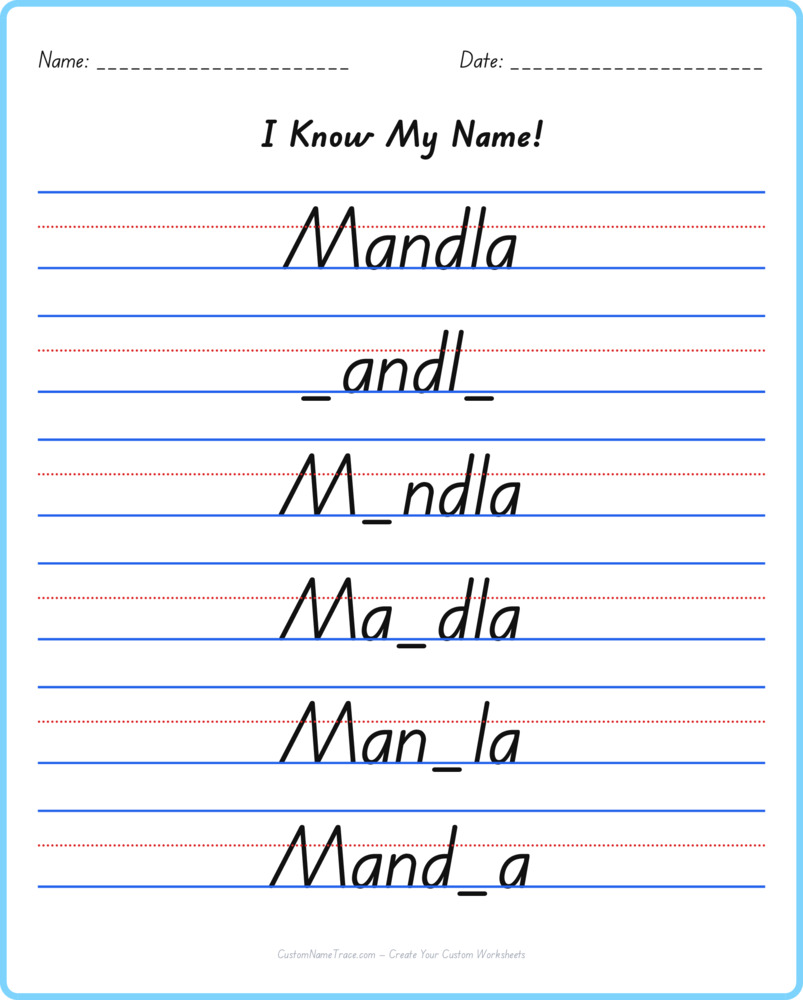 Free Mandla custom name tracing - fill-in-the-blank free worksheet
