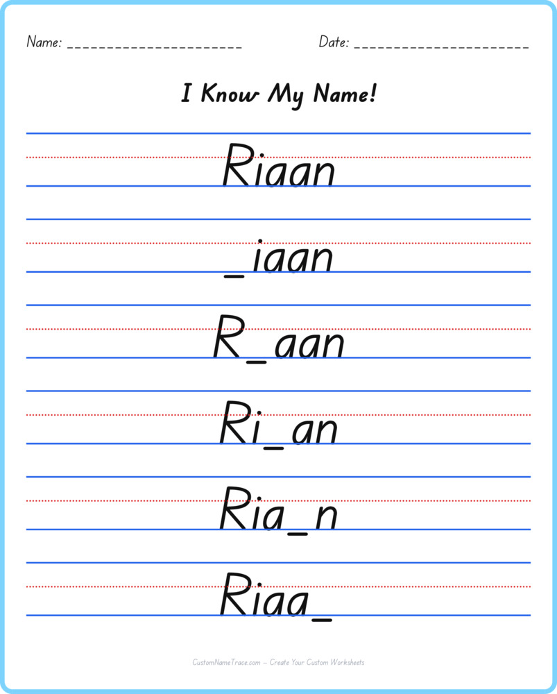 Free Riaan custom name tracing - fill-in-the-blank free worksheet