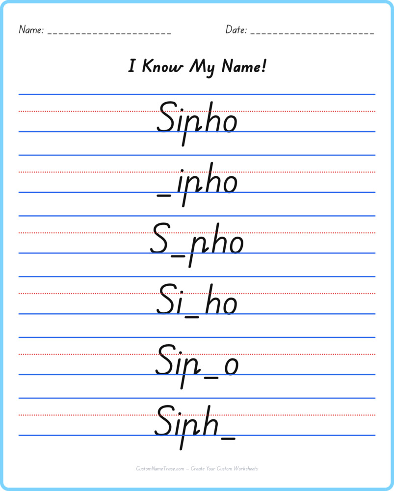Free Sipho custom name tracing - fill-in-the-blank free worksheet