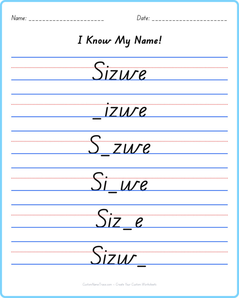 Free Sizwe custom name tracing - fill-in-the-blank free worksheet